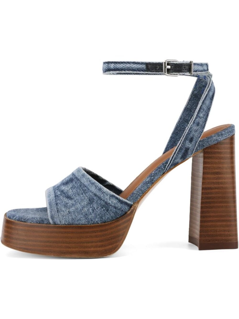 Women's Denim Blue Platform Heels Open Toe Chunky Block Heel Ankle Strap Sandals